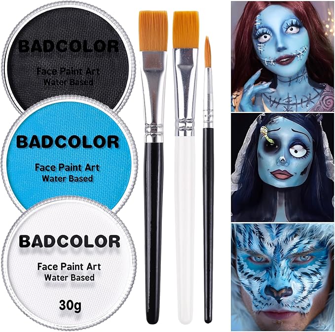 White Black & Light Blue Sally Makeup Face Body Paint, Corpse Bride Face Painting Kit with Painting Brushes for Halloween, Water Based Face Paints for Smurf Avatar Mermaid & Demon SFX Costume Make-Up
