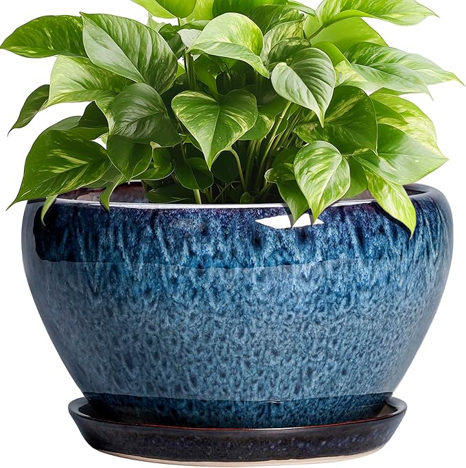 Ceramicfor Ceramic Pots for Plants - 9 Inch Plant Pot Indoor with Drainage Hole and Saucer, Ceramic Planters for Outdoor Plants, Round Modern Flower Pot, Housewarming Gifts, Home Decor, Blue