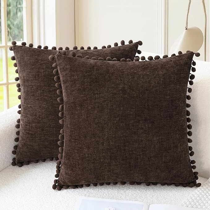 CaliTime Decorative Couch Throw Pillow Covers 20 X 20 Inches Coffee | Pack of 2, Cozy Chenille Cushion Cases, with Pom Poms for Sofa Bed Living Room Farmhouse Home