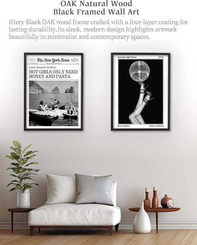 iHery 16x20in Disco Ball Framed 70s Retro Wall Art | Premium Black OAK Wood Frame with Canvas Print, Retro 70s Disco Decor for Bedroom, Bathroom, Dorm and Living Room, 1Pack