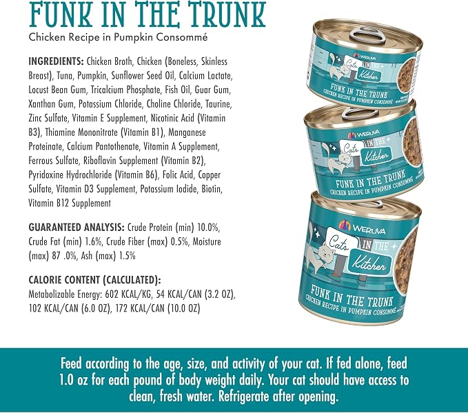 Weruva Cats in the Kitchen, Funk in the Trunk with Chicken in Pumpkin Consomme Cat Food, 6oz Can (Pack of 24)