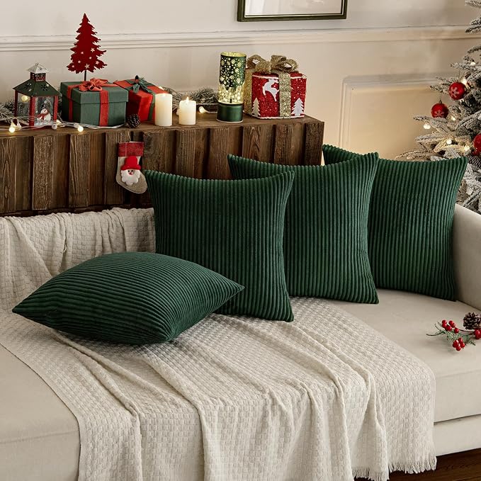 MIULEE Soft Corduroy Decorative Throw Pillow Covers Army Green 18x18 | Set of 4, Mordern Nordic Christmas Decor, All Same Color Set, Boho Farmhouse Cushion Covers for Couch Bed Sofa Living Room