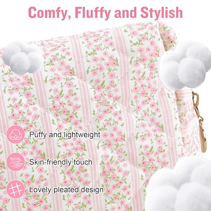 Personalized Quilted Cosmetic Bag, Puffy Monogrammed Christmas Birthday Gifts for Women & Girls, Cute initial Floral Makeup Bag Puffer Coquette Bag, Aesthetic Travel Toiletry Zipper Pouch(Pink,R)