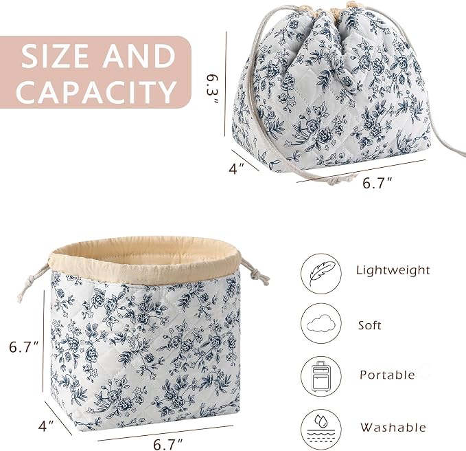 uekeboag Cotton Quilted Drawstring Makeup Bag with Canvas Lining,Coquette Aesthetic Cute Travel Toiletry Bag,Drawstring Gift Bag for Women and Girls（16Dark Blue）