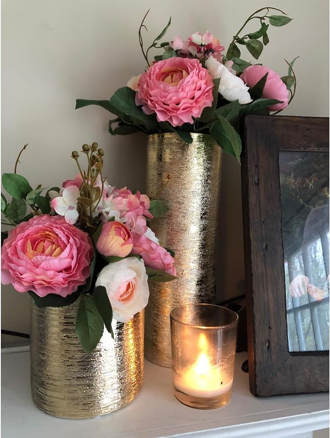 WGV Ceramic Cylinder Vase Bulk Width 5" Height 12" Elegant Unique Modern Matte Floral Container Planter Pot Centerpiece for Event Party Wedding Office Home Decor, Gold Textured 6 Pieces