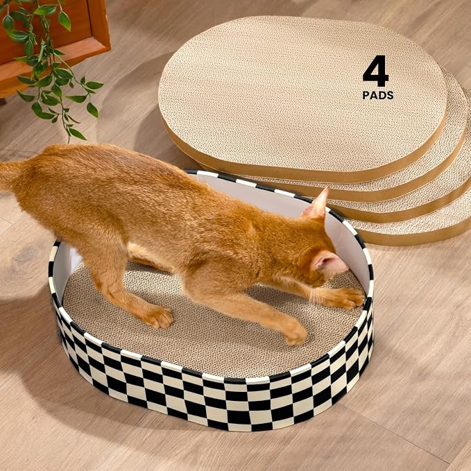 Conlun Oval Cat Scratcher Box with 4 Scratching Pads | Medium | Corrugated Cardboard | Reversible Design | Protects Furniture | Enclosed Bottom | Mess-Free Lounge Bed for Indoor Cats