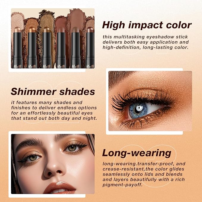 LANGMANNI 6Colors Dual-Ended Cream Eyeshadow Stick Set – Silky Smooth, Waterproof & Transfer-Proof, Built-in Blender Brush, All-Day Matte & Shimmer Wear Eye Makeup(#3+5+7+9+11+14)