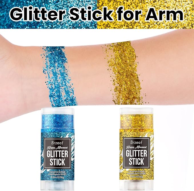 Brzeaf Waterproof Blue Glitter Stick, Christmas Festival Rave Accessories, Safe Ingredients & Long Lasting, Hair Eyeshadow Face Glitter Stick, Singer Concert Music Rave Festival, Glitter Makeup