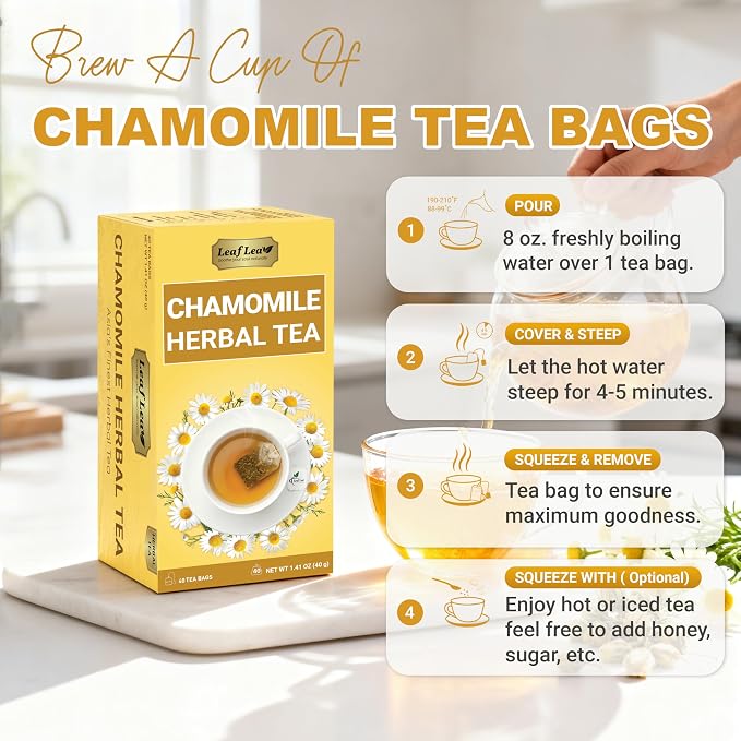 LeafLea Chamomile Herbal Tea Bags, Calm Evening Routine, 80 Count | From Chamomile Flowers, Smooth Floral Taste, Caffeine-Free, Naturally Sugar-Free, Non-GMO, Individually Wrapped