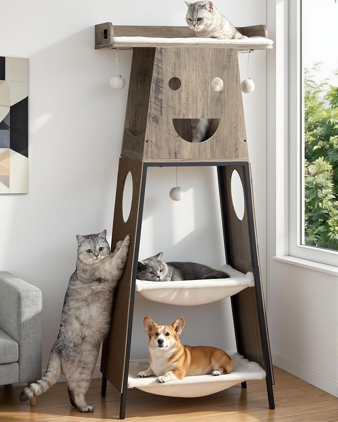 56in Modern Wood Cat Tree Tower for Indoor Cats with Hammock | Multi-Level Climbing Design, 2 Spacious Hammocks, Top Perch, Cat Condo, Scratching Boards, Ideal for Multi-Cat Homes,Greige