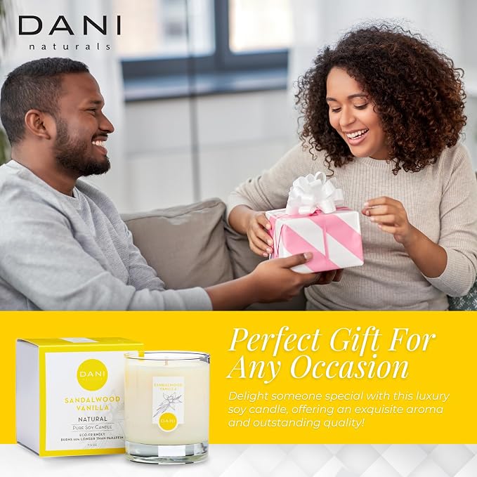 DANI Naturals Sandalwood Vanilla 100% Soy Wax Candle, Non-Toxic, 7.5oz | Vegan,soy wax candle,Clean-burning with organic cotton wick,Warm sandalwood vanilla scent,Made in USA