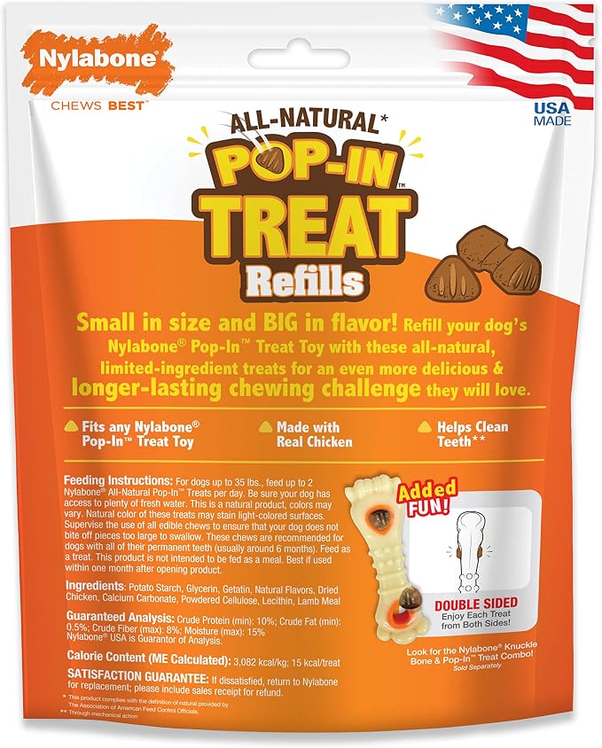 Nylabone Pop-In Treat Toy Chicken Dog Treat Refills, 30 Count | Made with real chicken, fits any Nylabone Pop-In Treat Toy, all-natural dog treats, highly digestible, limited ingredients