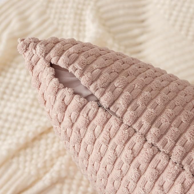 Kevin Textile Soft Corduroy 12"x20" Lumbar Pillow Cover 1 Pack, Light Pink | Boho Stripe Plush Corduroy Decorative Oblong Cushion Cover Modern Farmhouse Home Decor for Sofa Couch Bed Chair