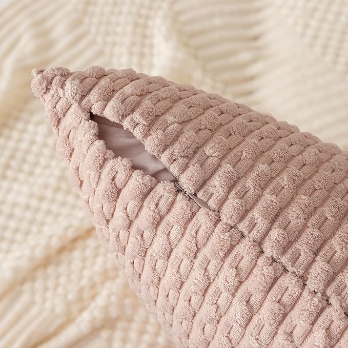 Kevin Textile Soft Corduroy 12"x24" Lumbar Pillow Cover 1 Pack, Light Pink | Boho Stripe Plush Corduroy Decorative Oblong Cushion Cover Modern Farmhouse Home Decor for Sofa Couch Bed Chair