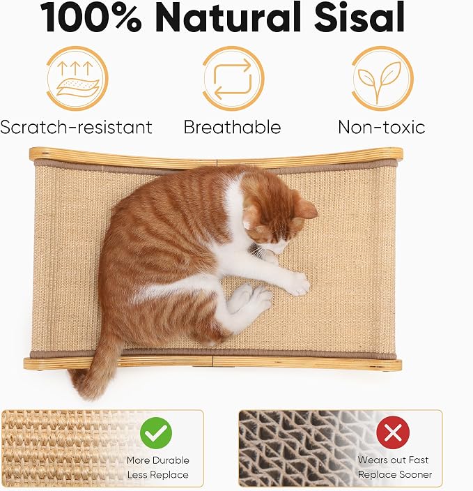 FUKUMARU Sisal Cat Scratcher Bed, Solid Wood Cat Hammock for Indoor Cats | 23.6 Inch Durable Scratching Bed, Large Cat Scratch Pad, Natural Sisal Hammock, Cat Lounger Scratcher for Sleeping (Wood)
