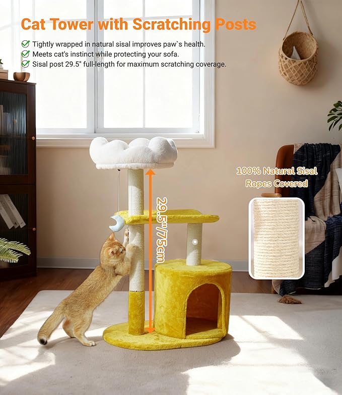 33" Cloud Cat Tree Tower, Cozy Bed & Large Condo for All Cats | 33" Multi-Level Cat Tower, Scratching Posts, Viewing Perch & Toys, Stable Structure, Padded Bed, 13.7"x11.8" Cat Condo
