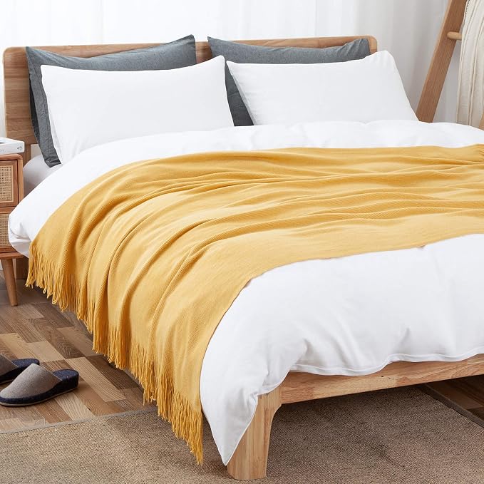 Vonty Mustard Yellow Knitted Throw Blanket with Tassels, 50x60 Acrylic | Super Soft And Lightweight, Year-Round Cozy Warmth, Farmhouse Decorative Style, Machine Washable, for Couch, Sofa or Bed