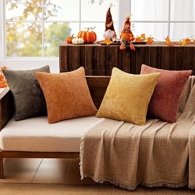 MIULEE Decorative Chenille Fall Pillow Covers Orange Brown 18x18 Pack of 4 | Rustic Decor, Autumn Harvest Orange Collection, Couch Throw Pillows, Farmhouse Boho Cushion Covers for Sofa Bed Living Room