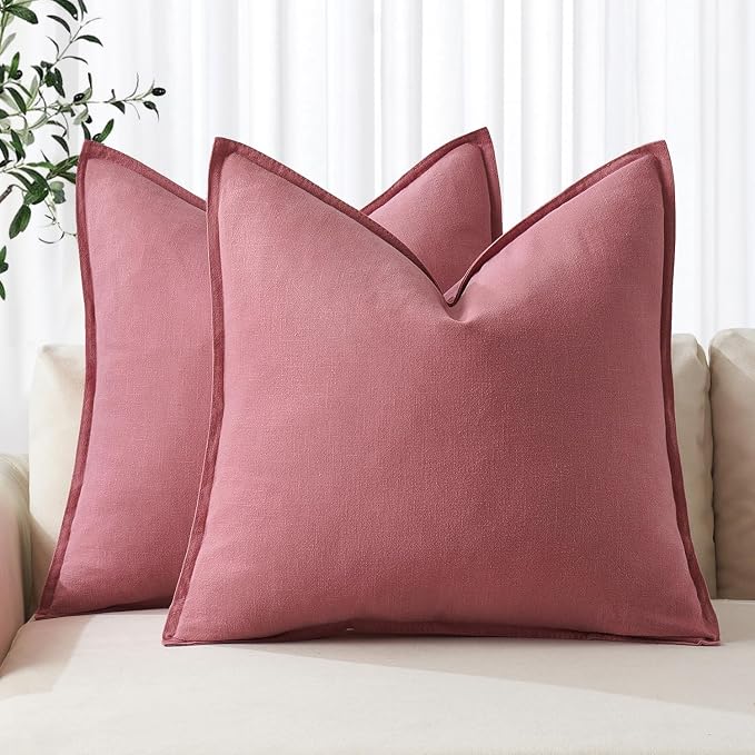 MIULEE Decorative Linen Euro Sham Pillow Covers 24x24 Cranberry Red | Boho Farmhouse Neutral Couch Throw Pillows for Bed, Pack of 2 Accent Modern Pillowcases, Sofa Livingroom Home Decor