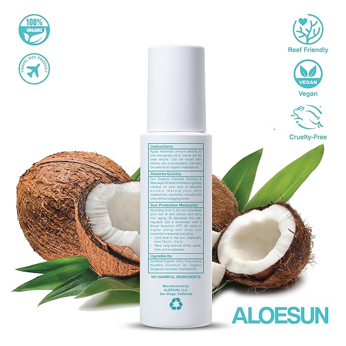 ALOESUN Organic Coconut Tanning Oil Spray Infused with Organic Lavender Oil | Natural Deep Tanning Accelerator | Moisturizing & Hydrating Tan | Non-Greasy | Vegan & Cruelty-Free | Travel Size 3.4 Oz