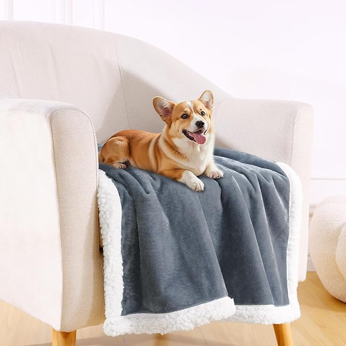 Smiry Waterproof Blanket Throw, Reversible Dog Blanket for Sofa Couch Bed | Soft Leakproof Sherpa Fleece, Washable Furniture Couch Protector for Large Dogs Cats, 50"x60", Grey/White