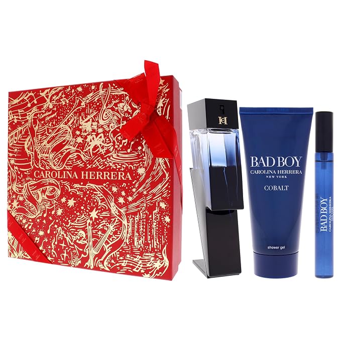 Carolina Herrera Bad Boy Cobalt 3-Piece Gift Set for Men, (Eau De Parfum 3.4 oz + Shower Gel 3.4 oz + Travel Spray 0.34 oz) – Limited Edition