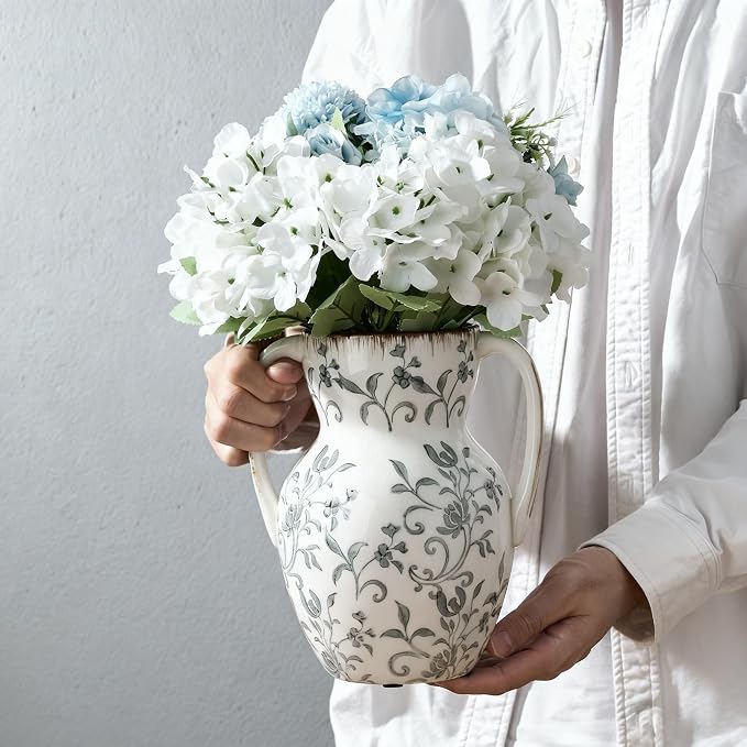 Emotionally Grounded Vase, Vaseking Large Ceramic Rustic Vase with 2 Handles, 8.3 inch Minimalist Decorative Farmhouse Tall Vases for Home Decor, Living Room, Enterway, Table Decoration, Gray Floral