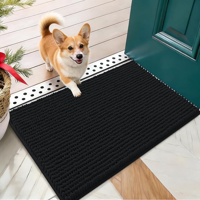 OLANLY Dog Door Mat for Muddy Paws 24x16, Extra Absorbent Chenille Mud Mat | Black, Absorbs Moisture and Dirt, Non-Slip Machine Washable Doormat, Quick-Drying Indoor Entryway Floor Mat for Dogs