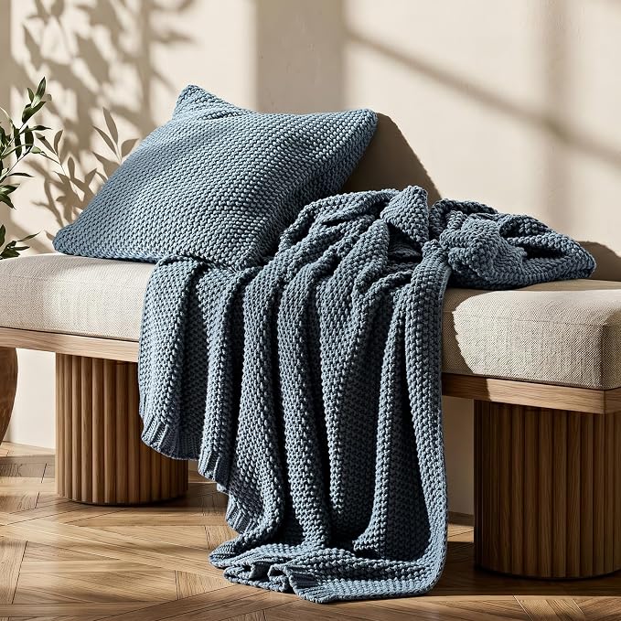 Organic Cotton Chunky Knit Throw Blanket, 60 x 80 Dusk Blue | OCS Certified Organic Cotton, Seed Stitch Knit, Soft & Breathable, Cozy Midweight, Decorative Throw for Couch, Bed & Sofa