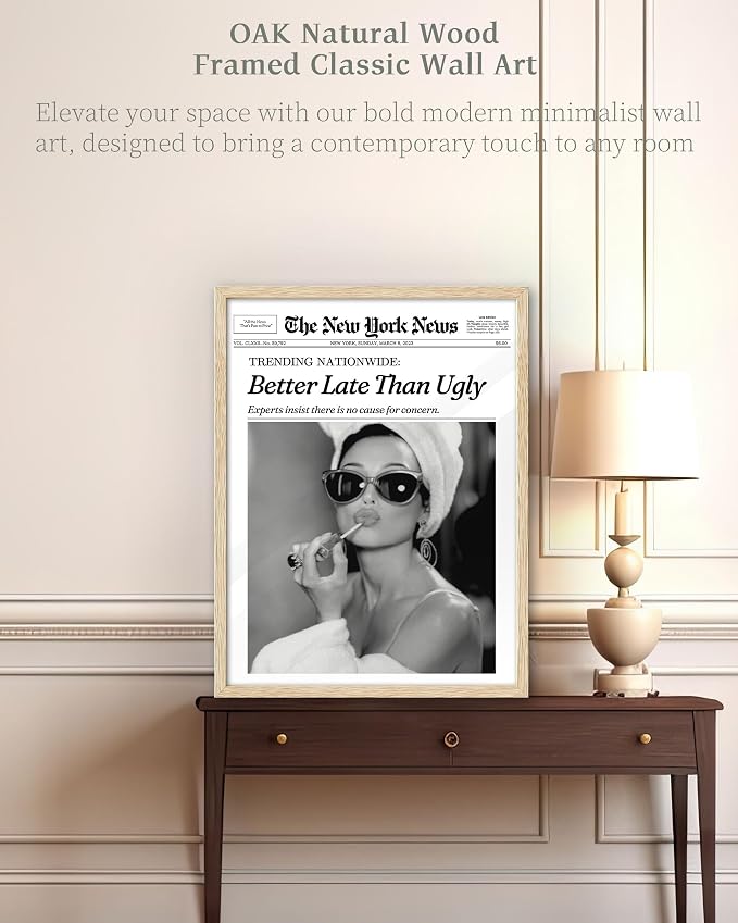 iHery 12x16in Audrey Hepburn Better Late Than Ugly Framed Bathroom Art | Natural OAK Wood Frame with Canvas Print, Vintage Fashion Wall Decor for Bathroom, Bedroom, Apartment and Girl Dorm, 1Pack