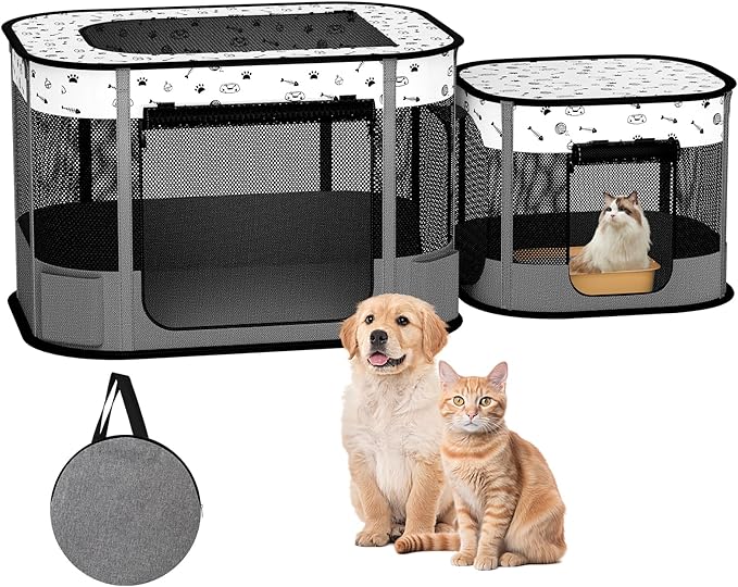 Portable Cat Playpen, 8-Rod Reinforced Kitten Dog Puppy Playpens, Foldable Play Pen for Indoor Cats Enclosed Pet Kitty Doggy Outdoor, Collapsible Tent Kennel Cage Corral