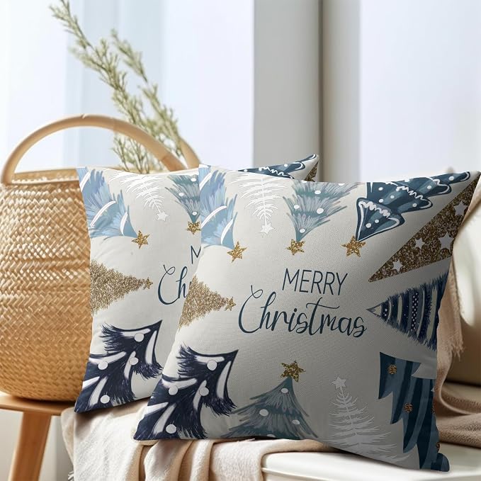 Kawani Christmas Trees Throw Pillow Covers Set of 2, 22x22 Inch Farmhouse Blue Xmas Pine Tree Winter Square Pillowcase Linen Cushion Case for Bed Couch Indoor Outdoor Home Decor