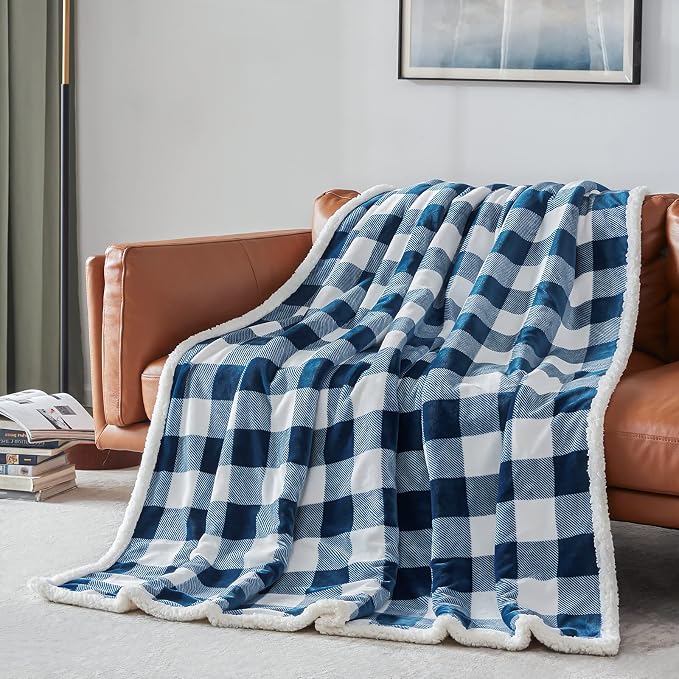 Sherpa Plaid Twin Blanket 60" X 70", Fuzzy Fluffy Soft Cozy Throw Blanket, Twin Size Plush Fleece Flannel Plush Microfiber Blanket for Couch Bed Sofa (Navy)