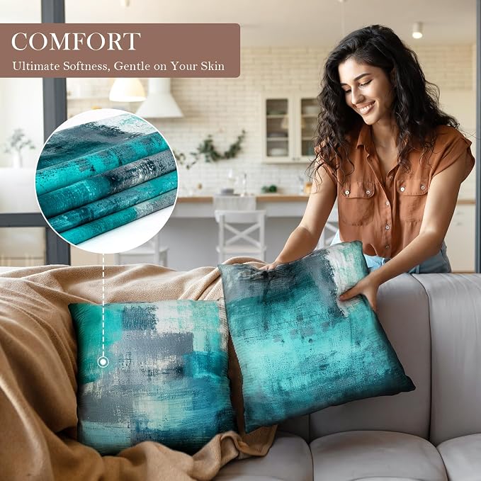 Teal Abstract Throw Pillow Covers 18x18 Set of 4 | Turquoise & Grey Modern‑Art Cushion Covers, aesthetic accent pillowcases for sofa, bedroom and chair