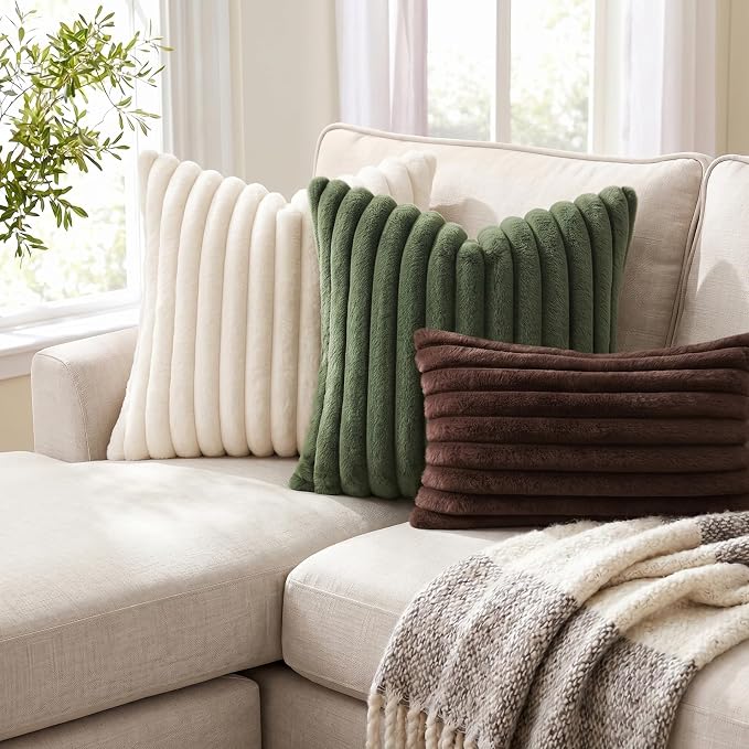 Pallene Faux Fur Decorative Throw Pillow Covers 20x20 Set of 2, Chocolate | Luxury Plush Texture, Striped Design, Cozy Soft Touch, Modern Home Accent Decor for Couch, Sofa, Bed, Living Room