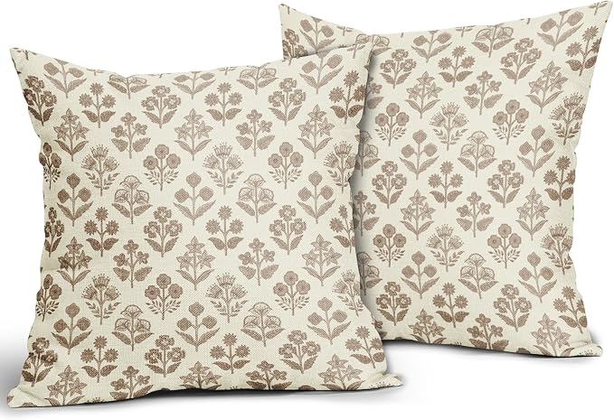 Brown Floral Pillow Covers 22x22 Inch Set of 2, Vintage Flower Block Print Pattern Decorative Throw Pillowcases Outdoor Farmhouse Cushion Covers Spring Summer Rustic Sofa Couch Bed Decor