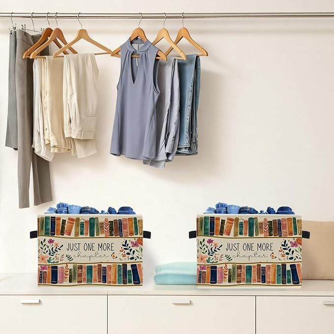 Floral Bookish Storage Box Bins, Book Lover Reader Gifts, Just One More Chapter Collapsible Storage Basket Organizer for Reading Room Corner Home Library Clothes Books