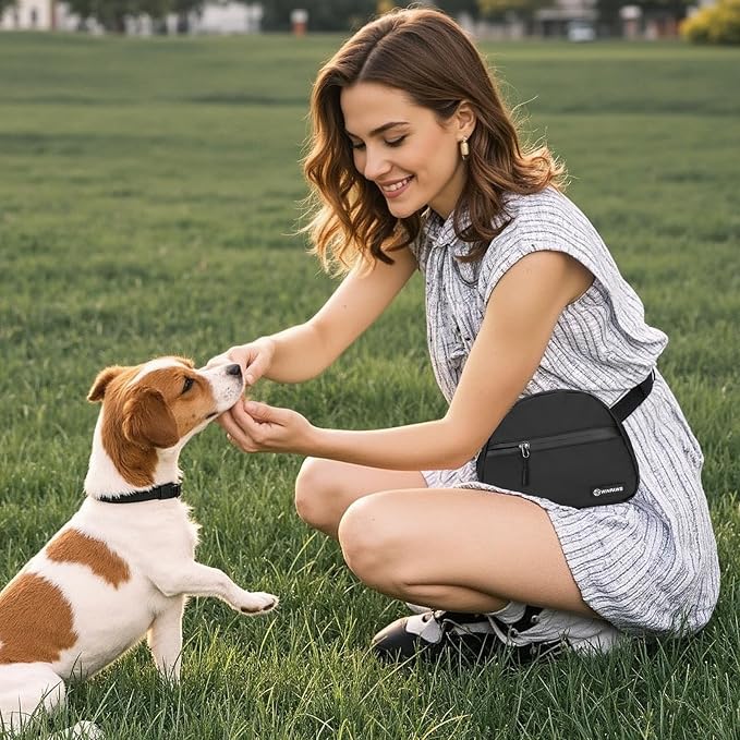 Dog Treat Pouch Pet Training Walking Fanny Pack with Built-in Poop Bag Dispenser & Waste Bag Holder | Stylish Puppy Training Essentials Supplies | Free Dog Clicker (Black)