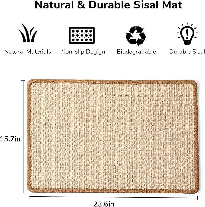 FUKUMARU Cat Scratcher Mat, 23.6 X 15.7 Inch Natural Sisal Cat Scratch Mat | Horizontal Cat Scratching Pad Mat Floor Rug with Sticky Tapes, Cat Wall Scratcher for Indoor Cats, Protect Couch and Carpet