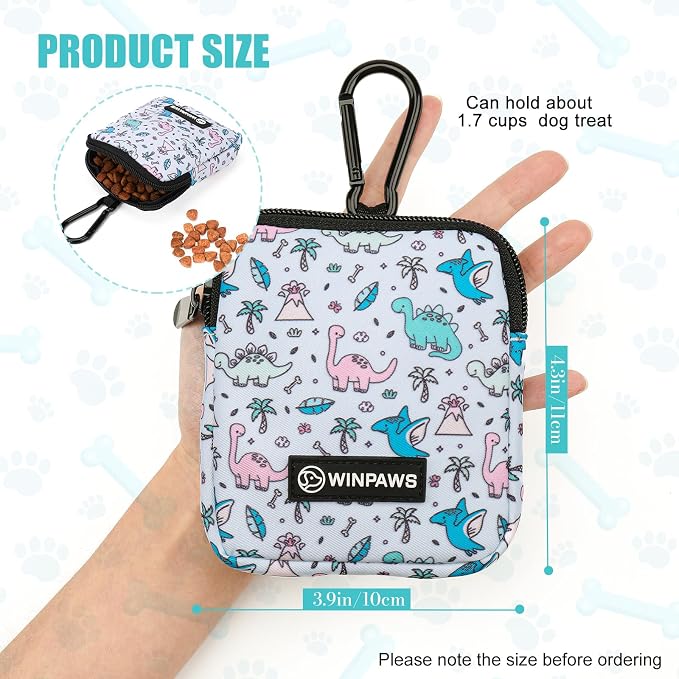Dog Treat Pouch with Training Clicker,Waterproof Nylon Fabric Poop Bag Holders for Leashes,Hands Free Small Dog Walking Bag with Carabiner, Pet Puppy Training Walking Essentials (Dinosaur)