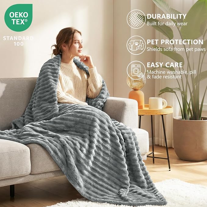 HIMEET Grey Oversized Throw Blanket, 300GSM Ribbed Fleece, 50 x 70 Inches | Ultra Soft Flannel, All-Season Lightweight Warmth, Extra Coverage for Couch Lounging, Home Room Decor, Machine Washable