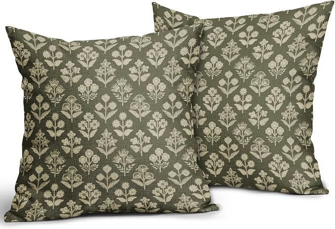 Olive Green Floral Block Print Pillow Covers 16x16 Inch Set of 2, Vintage Flower Pattern Decorative Throw Pillowcases Outdoor Farmhouse Cushion Covers Spring Summer Rustic Sofa Couch Bed Decor