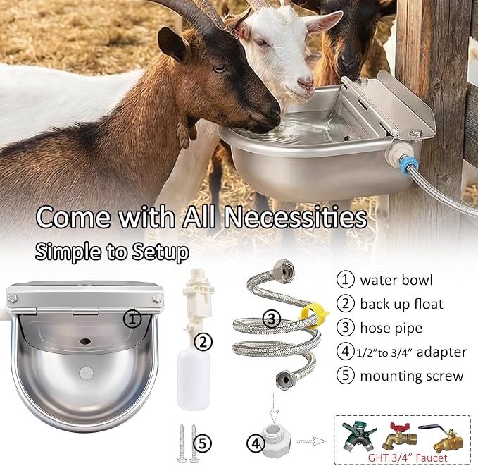 Automatic Water Dispenser for Dogs & Cat Stainless-Steel Water Bowl Outdoor | Heavy Duty Large Pet Waterer Feeder for Poultry & Livestock, w/ float valve