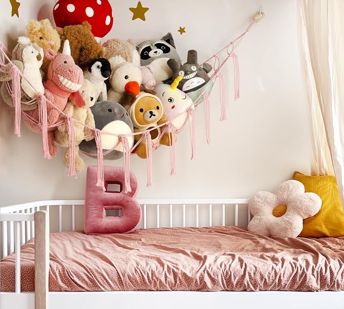 Stuffed Animal Storage Hammock Corner Net - Pink Room Christmas Decor for Teen Girls - Toys Storage Hanging Stuff Animal Organizer Holder Cute Stuff - Boho Nursery Dorm Bedoom Decor Aesthetic