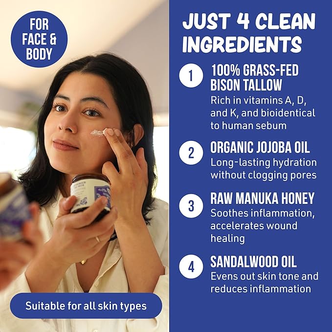 Whipped Bison Tallow Balm w/Manuka Honey, Jojoba, Sandalwood - Grass-Fed & Finished Organic Tallow Face Moisturizer - Face & Body Cream for Acne-Prone Skin - Nourishing Skincare (2.5 oz)