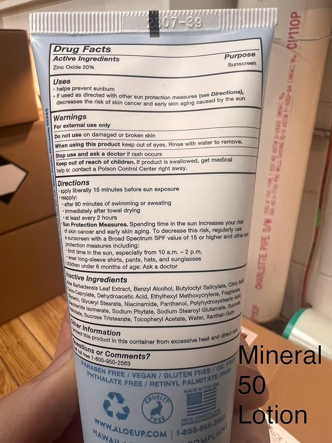 Aloe Up Mineral Sunscreen Lotion SPF 50 - Broad Spectrum UVA/UVB Sunscreen Protector for Face and Body - With Gen2 Zinc Oxide & Aloe Vera Gel - Dries Clear - Reef Safe - Coco-Mango Fragrance - 3 Oz.