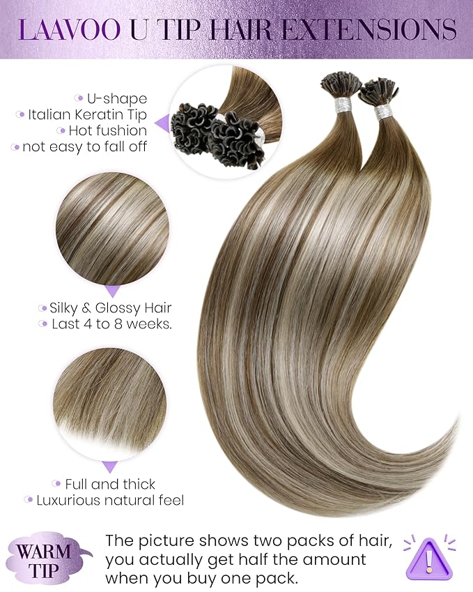 LaaVoo U Tip Hair Extensions Human Hair Light Brown Mix Blonde 16 Inch Ktip Human Hair Extensions Blonde 50g/50s