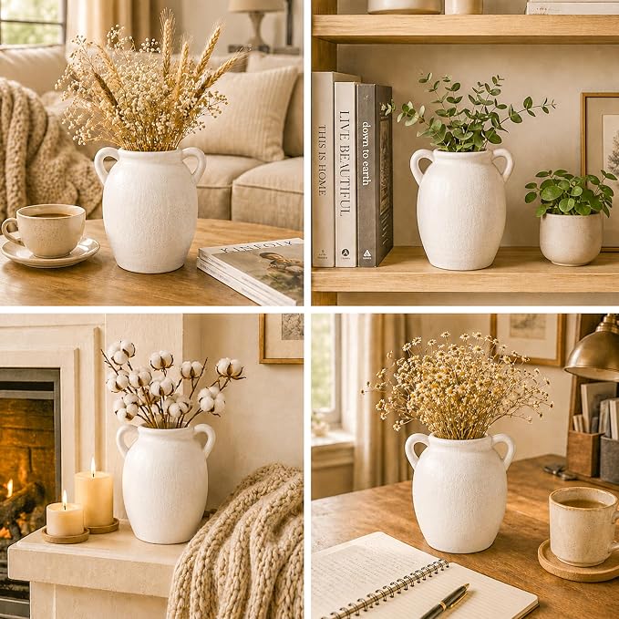 DREAMLOOM 7.6 Inch Ceramic Flower Vase, White | Double Handles, Farmhouse Vintage, Pottery Terracotta, Home Decor, Living Room Dining Table Wedding Centerpieces