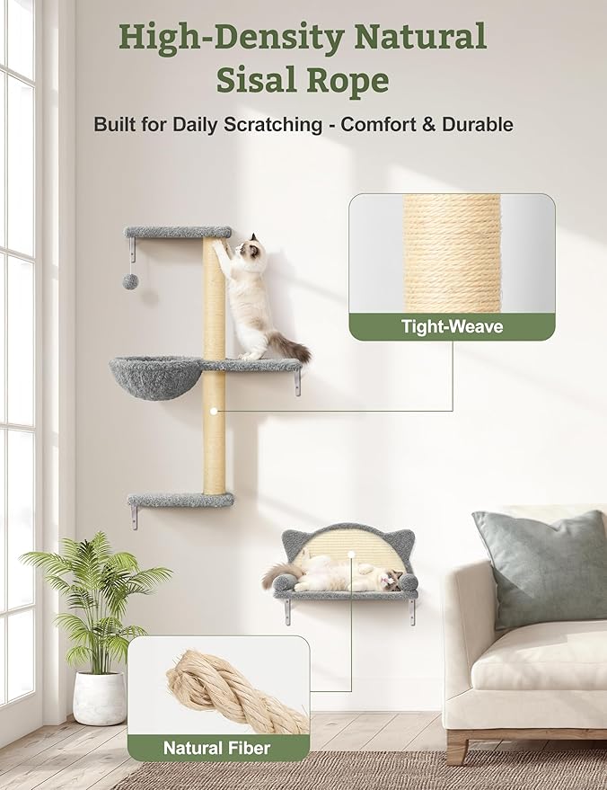 5-in-1 Cat Wall Shelves, Solid Wood Cat Wall Furniture Set for Indoor Cats | 44 lb per Shelf, 72-Hour Load Tested, Pre-Drilled, Fits 16 in. Stud Drywall & Solid Walls, for Small to Medium Cats