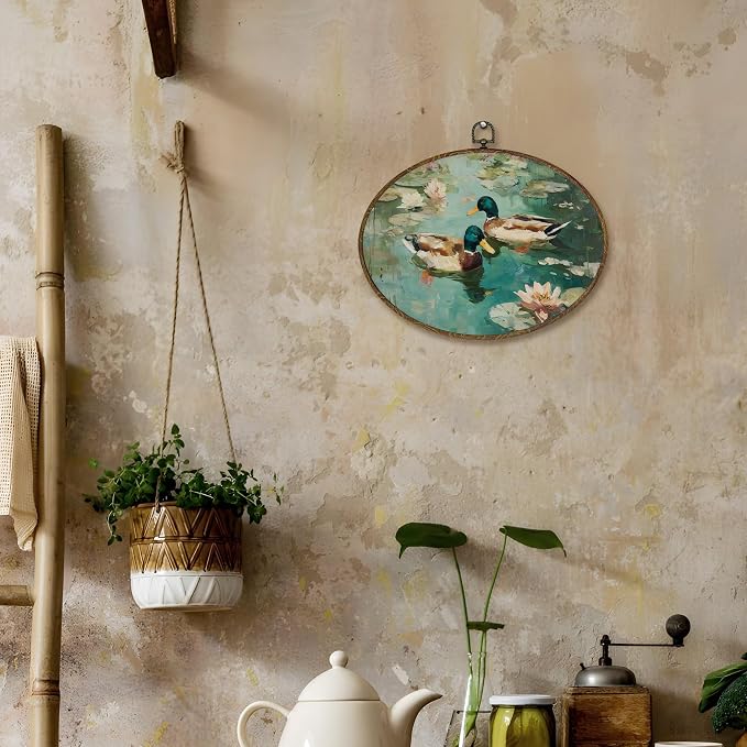 LKETW Vintage Mallard Duck Oval Wall Art Decor, Rustic Farmhouse Duck Oval Canvas Hanging Decor, Country Lakeside Floral Farm Animal Wall Decorations for Home Bedroom Living Room, 8.6x11.4 Inch